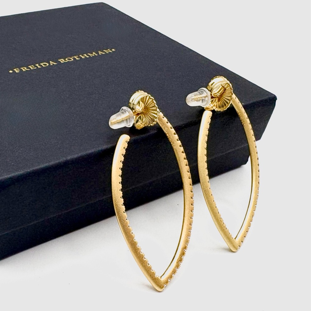 New Freida Rothman Signature Allover Pave Pointed Hoop Gold Earrings